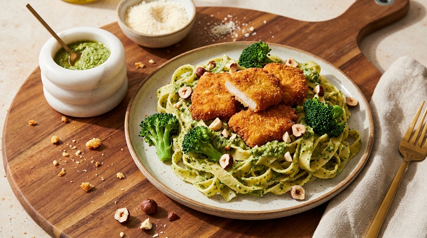 Teller mit Bandnudeln in grünem Pesto, garniert mit panierten, in Scheiben geschnittenen Hähnchenbrustfilets, kleinen Brokkoliröschen und gehackten Haselnüssen.
