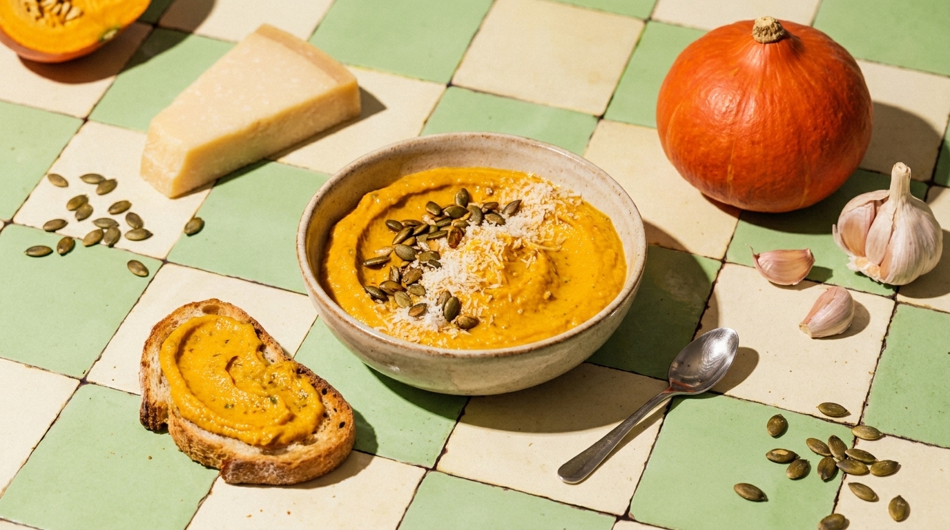 Schüssel mit cremiger Kürbissuppe, garniert mit Kürbiskernen und geriebenem Käse; daneben ein mit Suppe bestrichenes Brot, ein kleiner orangener Kürbis, Knoblauchzehen und ein Löffel auf kariertem Untergrund.