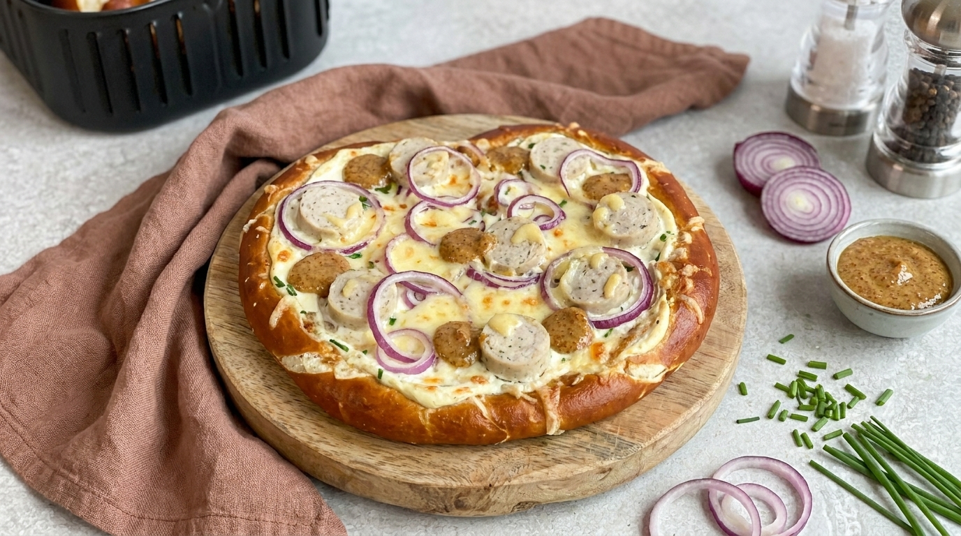 Rundes, herzhaftes Laugengebäck auf Holzbrett, bestrichen mit einer Creme, belegt mit Wurstscheiben, roten Zwiebelringen, geschmolzenem Käse und Schnittlauch.