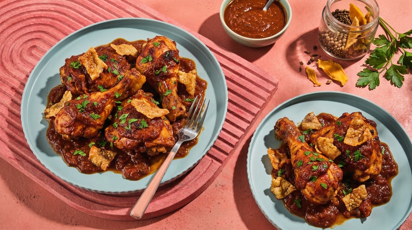 Zwei Teller mit Hähnchenkeulen in dunkler, würziger Sauce, garniert mit gehackter Petersilie und knusprigen Tortilla‑Stückchen.