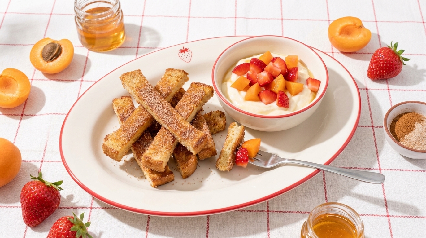 Teller mit knusprigen Zimt‑Zucker‑Toaststicks neben einer Schüssel Joghurt mit gewürfelten Erdbeeren und Aprikosen; Honigglas und frische Früchte dekorativ dazu.