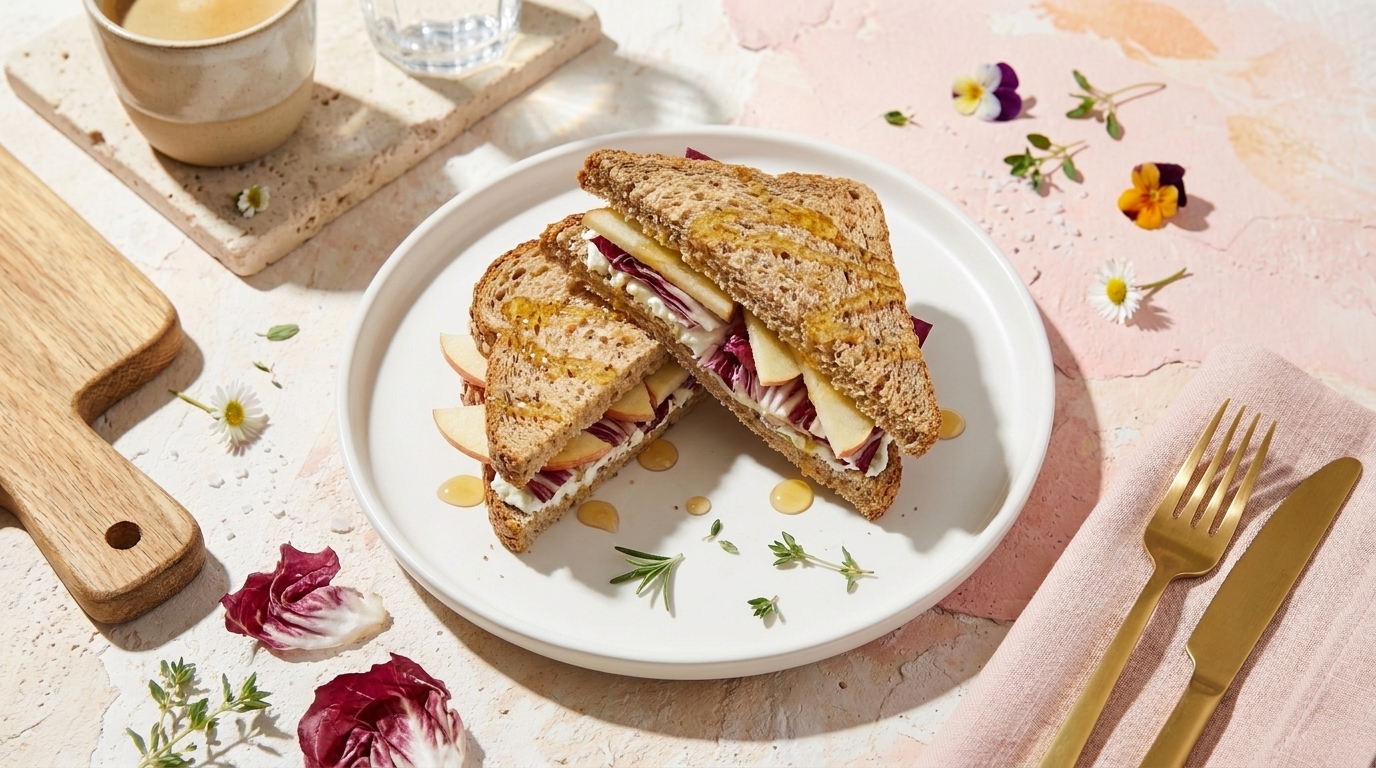 Aufgeschnittenes Vollkorn-Sandwich mit Käse und Radicchio, auf weißem Teller angerichtet und mit Honig sowie frischen Kräutern garniert.
