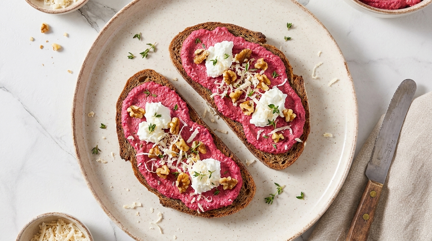 Zwei Scheiben dunkles Brot mit leuchtend pinkem Rote-Bete-Aufstrich, weißen Frischkäse-Tupfen, gehackten Walnüssen, geriebenem Käse und frischen Kräutern auf einem weißen Teller.