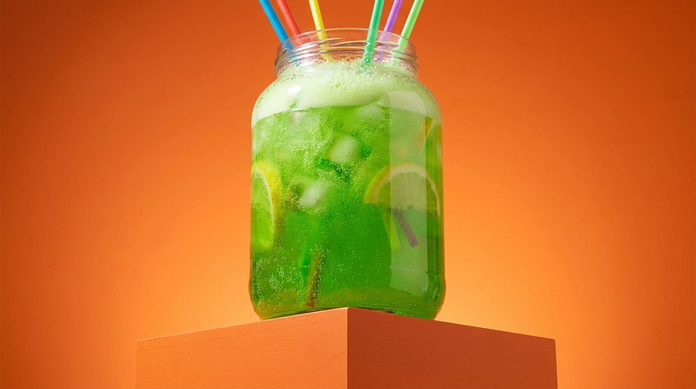 Ein Glas-Krug mit grünem, sprudelndem Getränk, Eiswürfeln, Zitronenscheiben und bunten Strohhalmen auf einem orangen Podest.