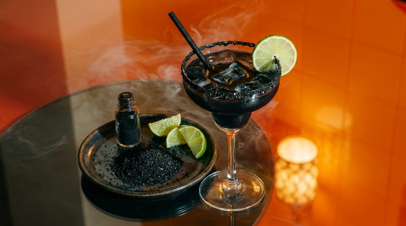 Rauchender schwarzer Cocktail in Coupéglas mit Limettenscheibe und Strohhalm, daneben Teller mit schwarzem Salz und Limettenstücken.
