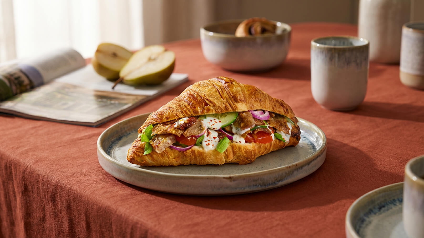 Auf einem gedeckten Tisch liegt ein frisch gebackenes Croissant auf einem Teller. Es ist gefüllt mit buntem Gemüse, darunter rote Zwiebeln und möglicherweise Salat. Im Hintergrund sind eine Birne und einige Tassen zu sehen.